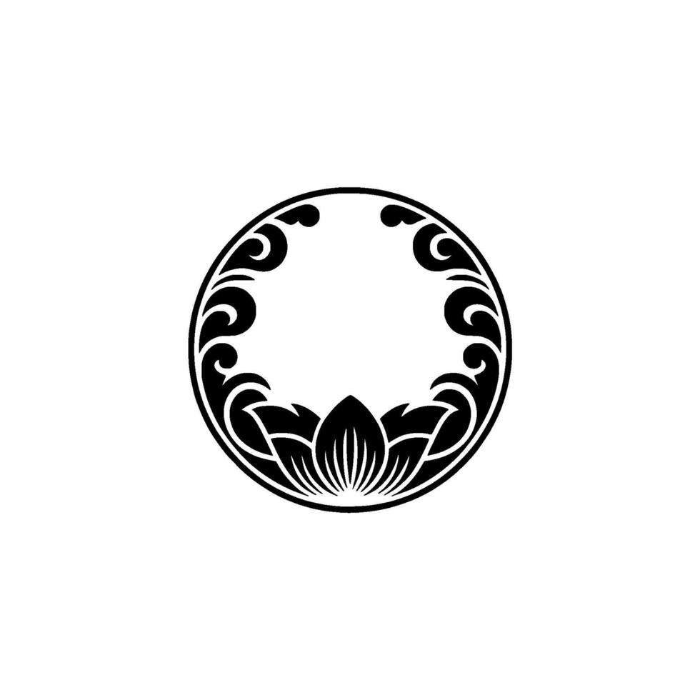 Black Ornamental Circle Elegant Lotus Motif on White Background. vector