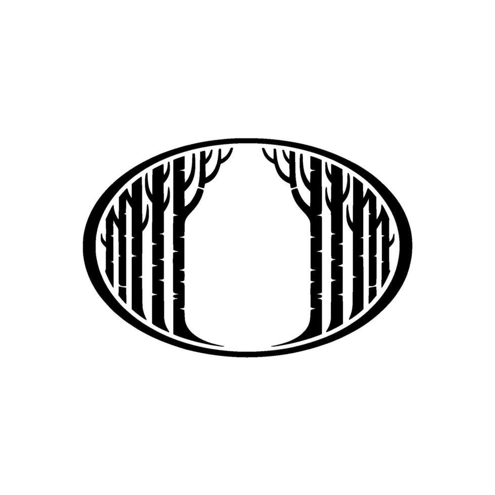 Minimalist Forest Black Trees Within Oval Frame. vector