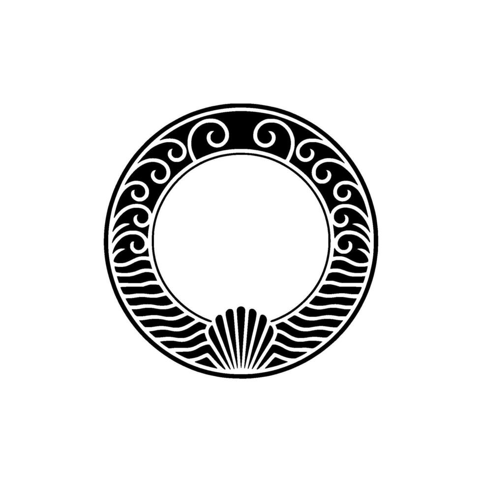 Elegant Circular Frame with Shell, Swirls and Waves, Minimalist Style. vector