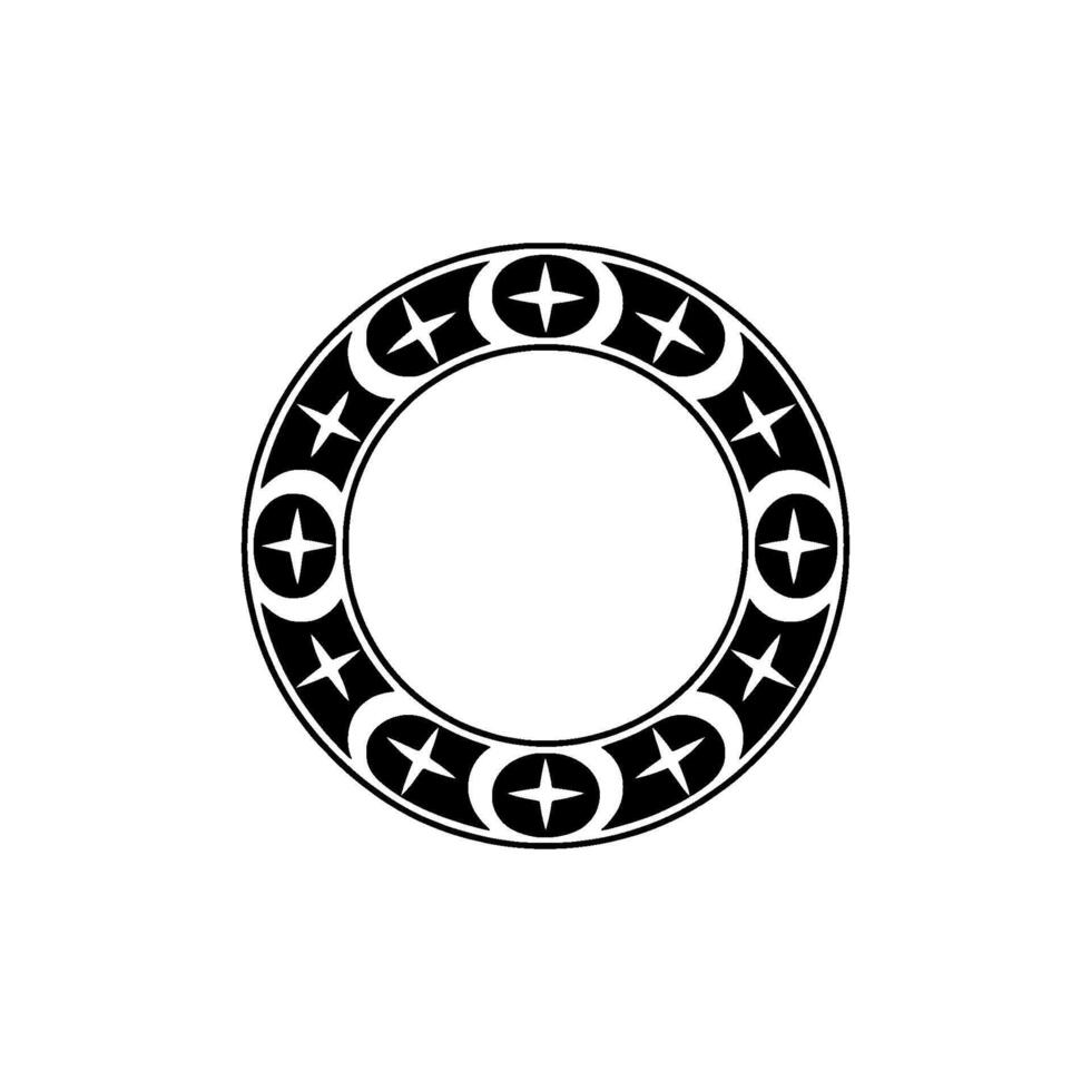Monochrome Circular Ornament with Crescent Moons Stars, Isolated on White. vector