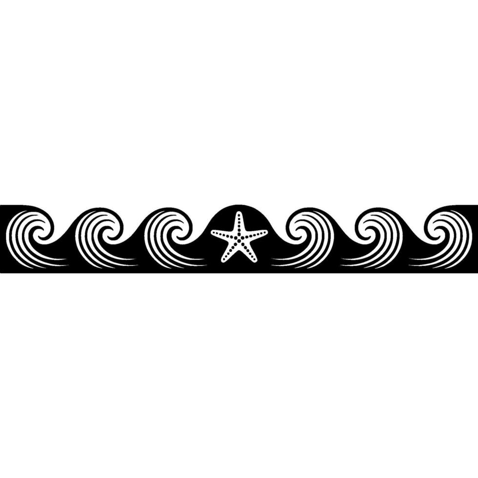 Decorative Wave Border with Starfish in Black and White. vector