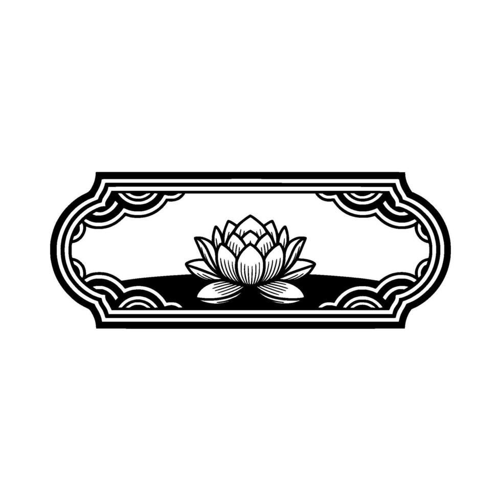 Elegant Lotus Flower in Ornate Decorative Frame - Black White. vector