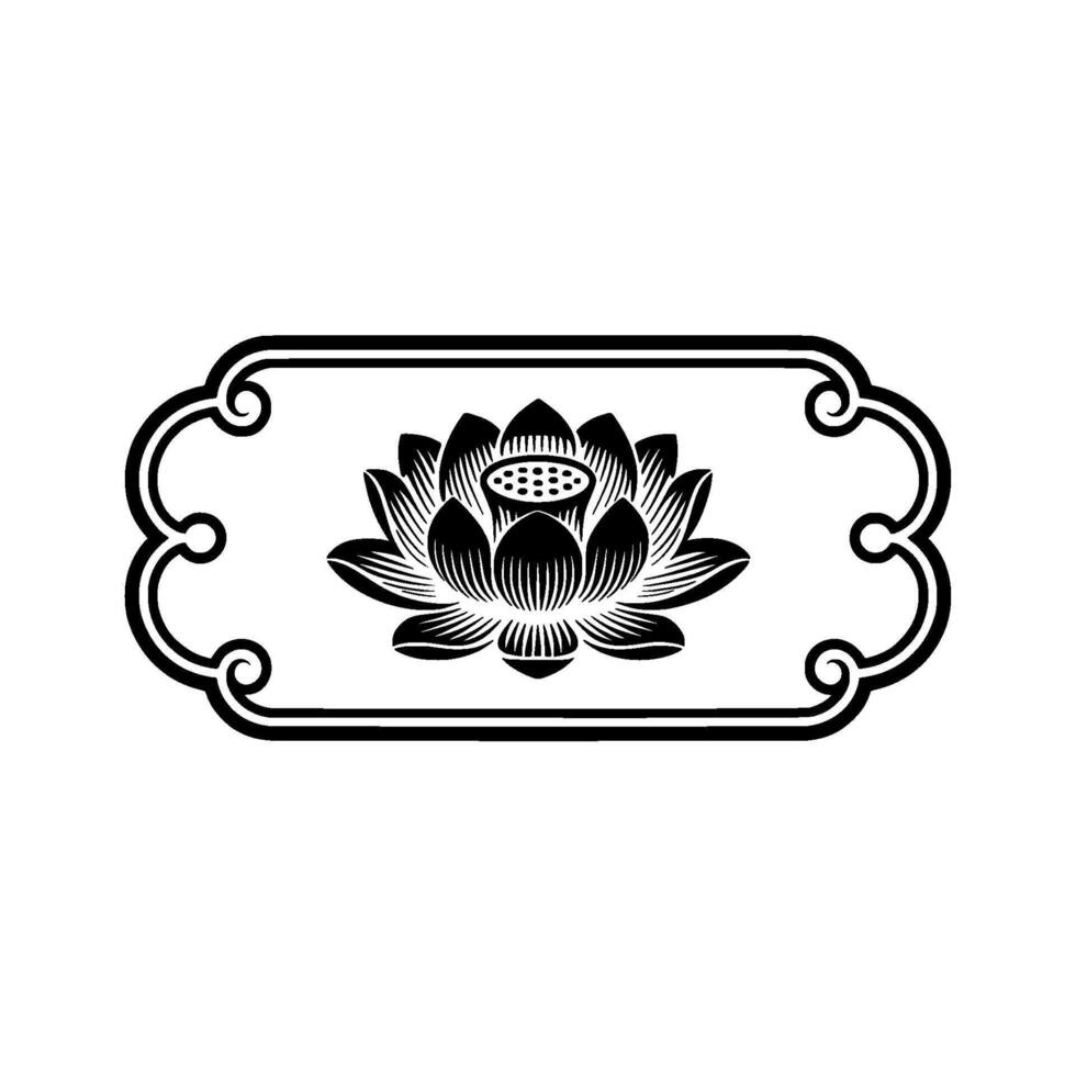 Elegant Lotus Flower in Decorative Frame, Black and White. vector