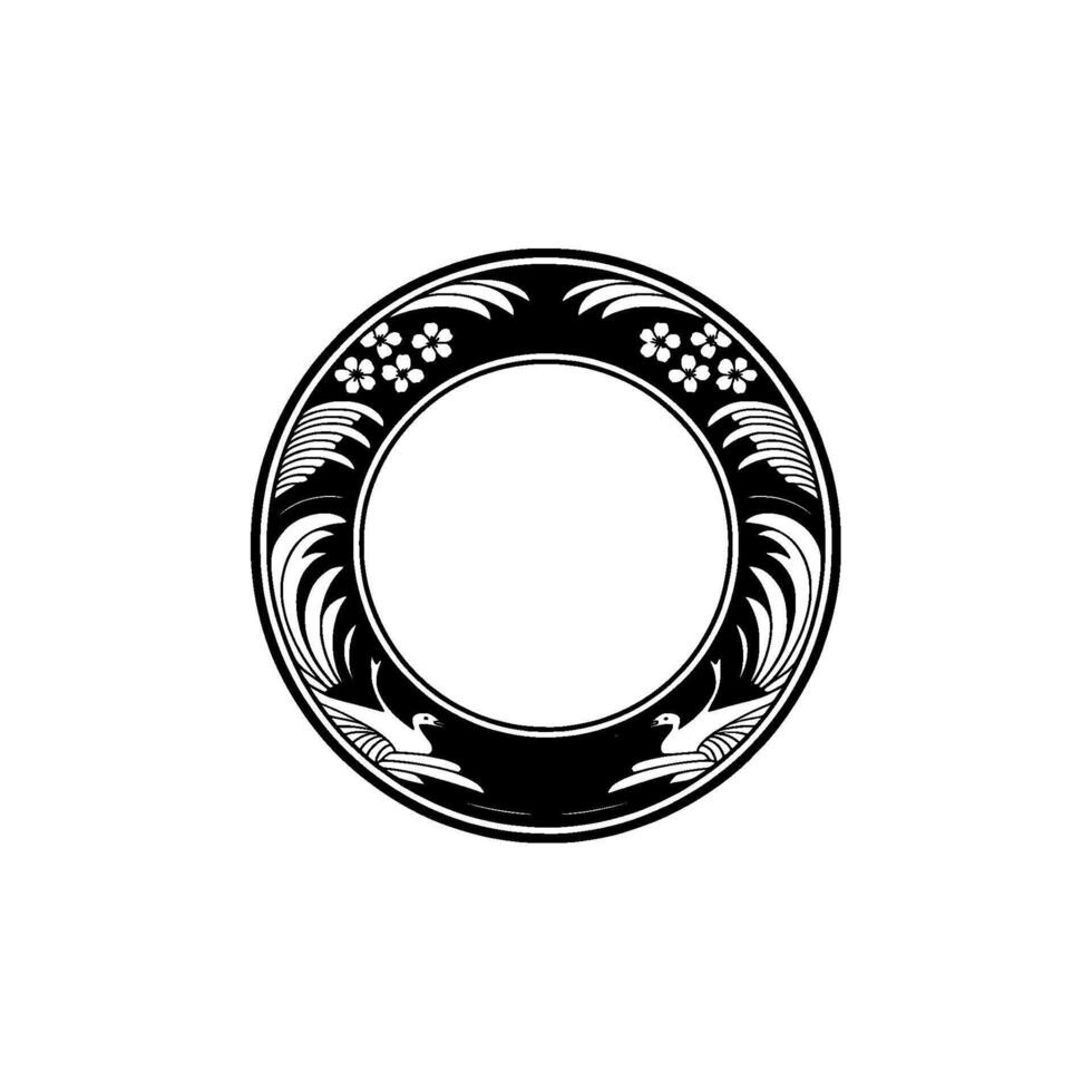 Art Nouveau Circle Frame with Floral Bird Motifs, Minimalist. vector