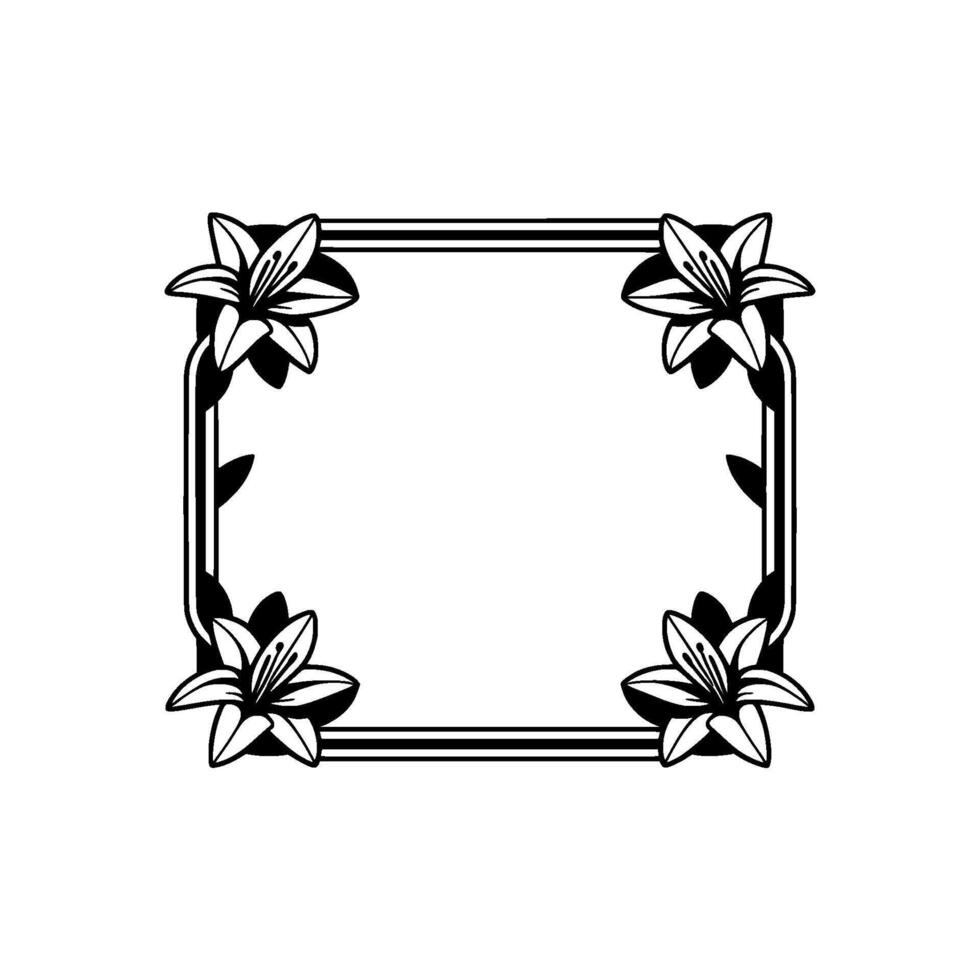Elegant Black and White Lily Floral Frame - Decorative Border Element. vector