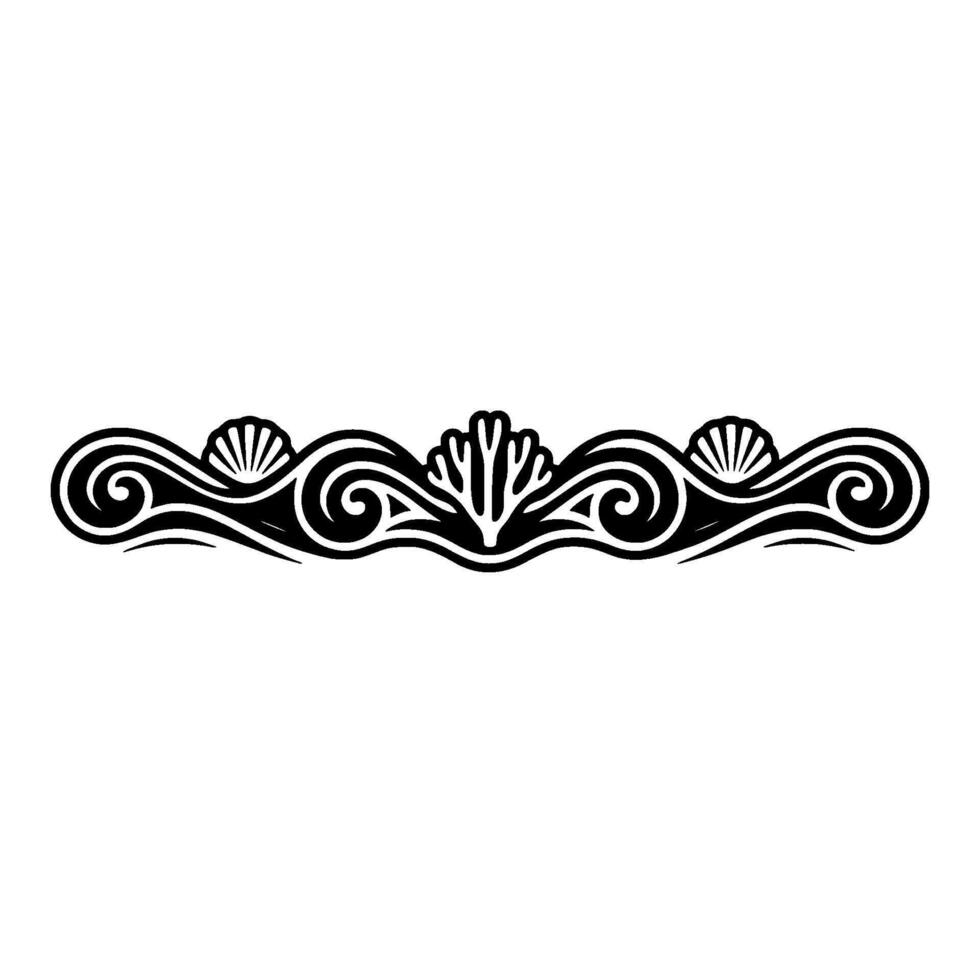 Elegant Oceanic Border Waves, Shells, Coral in Black White. vector