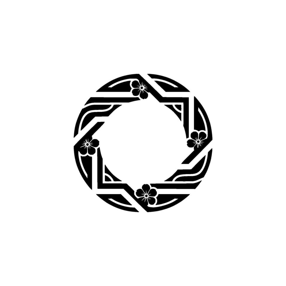 Floral Geometric Circle Frame, Black White Decorative. vector