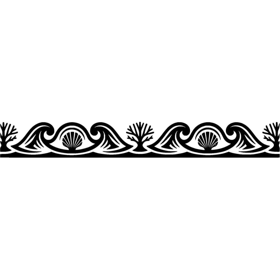 Decorative Ocean Border Black Waves, Shells, and Trees. vector