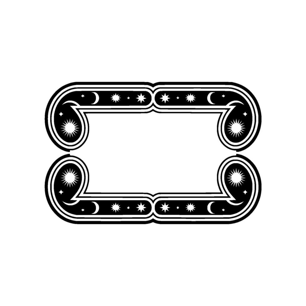 Celestial Frame Black White Ornament with Stars, Moons Sunbursts. vector