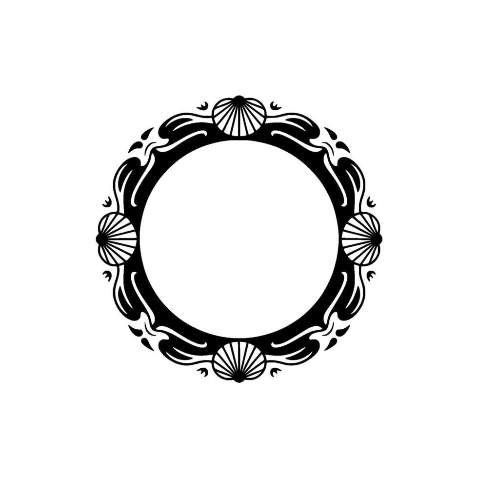 Elegant Art Deco Circular Frame with Seashell Accents on White Background. vector