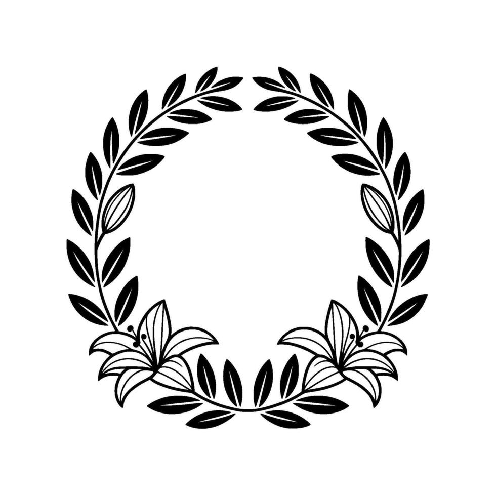 Elegant Black Lily and Laurel Wreath on White Background. vector