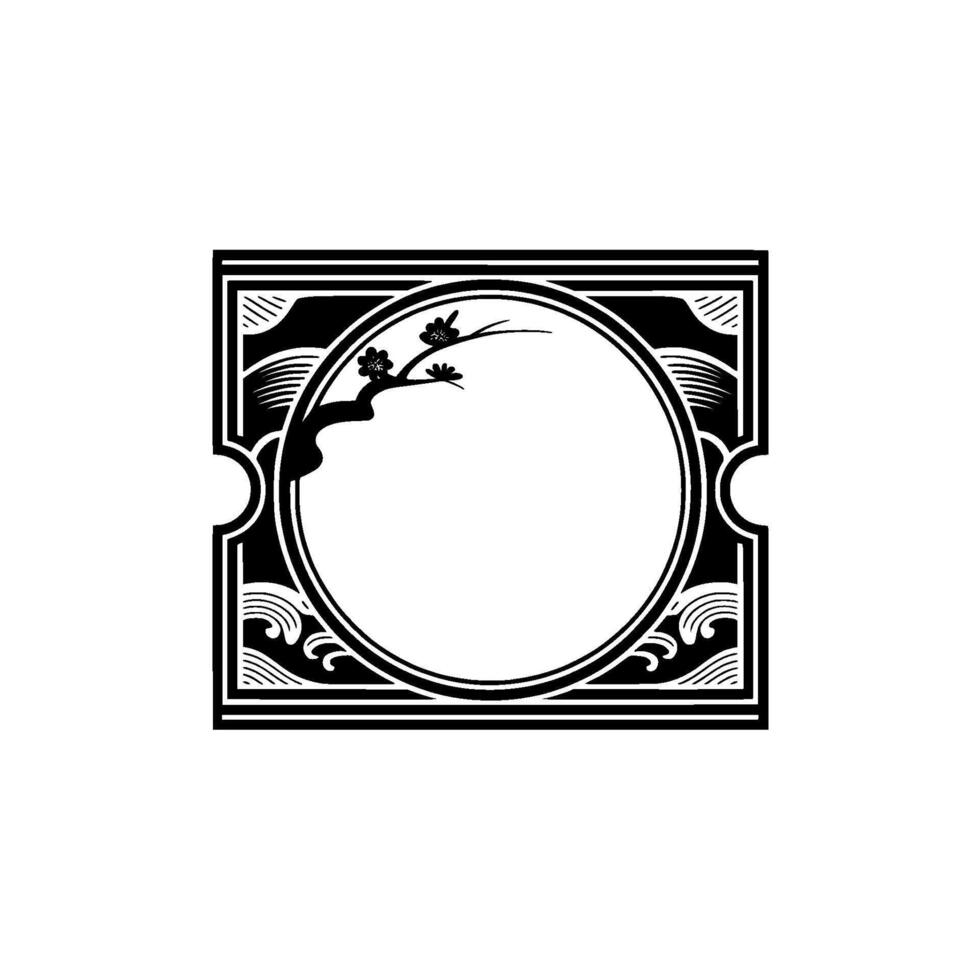 Elegant Japanese-Inspired Floral Frame in Black White. vector