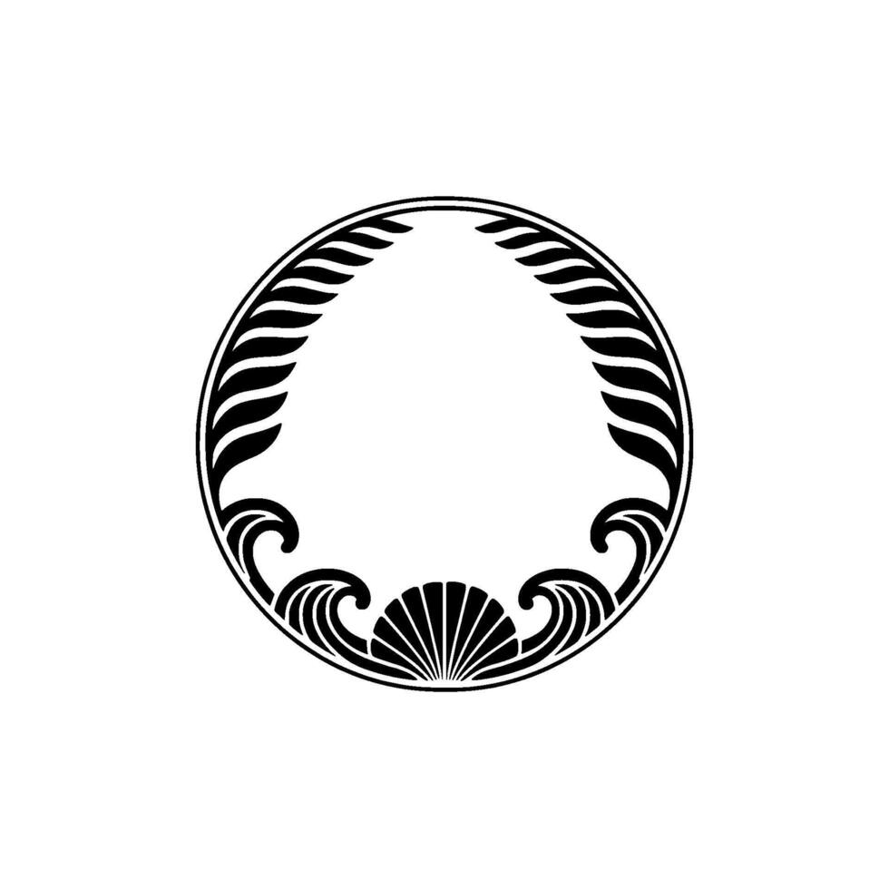 Elegant Circular Ornament with Shell Leaf Motif, Minimalist Black and White. vector