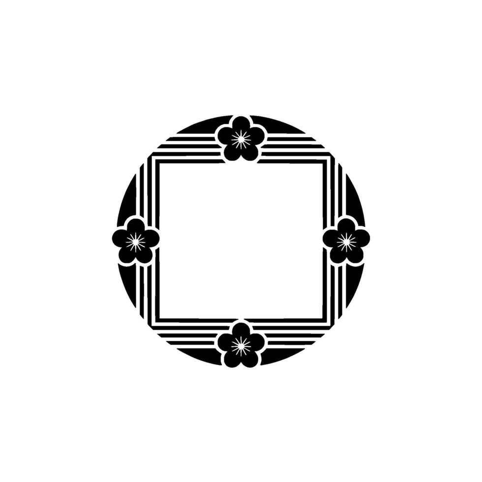 Japanese Plum Blossom Frame, Minimalist Black White. vector