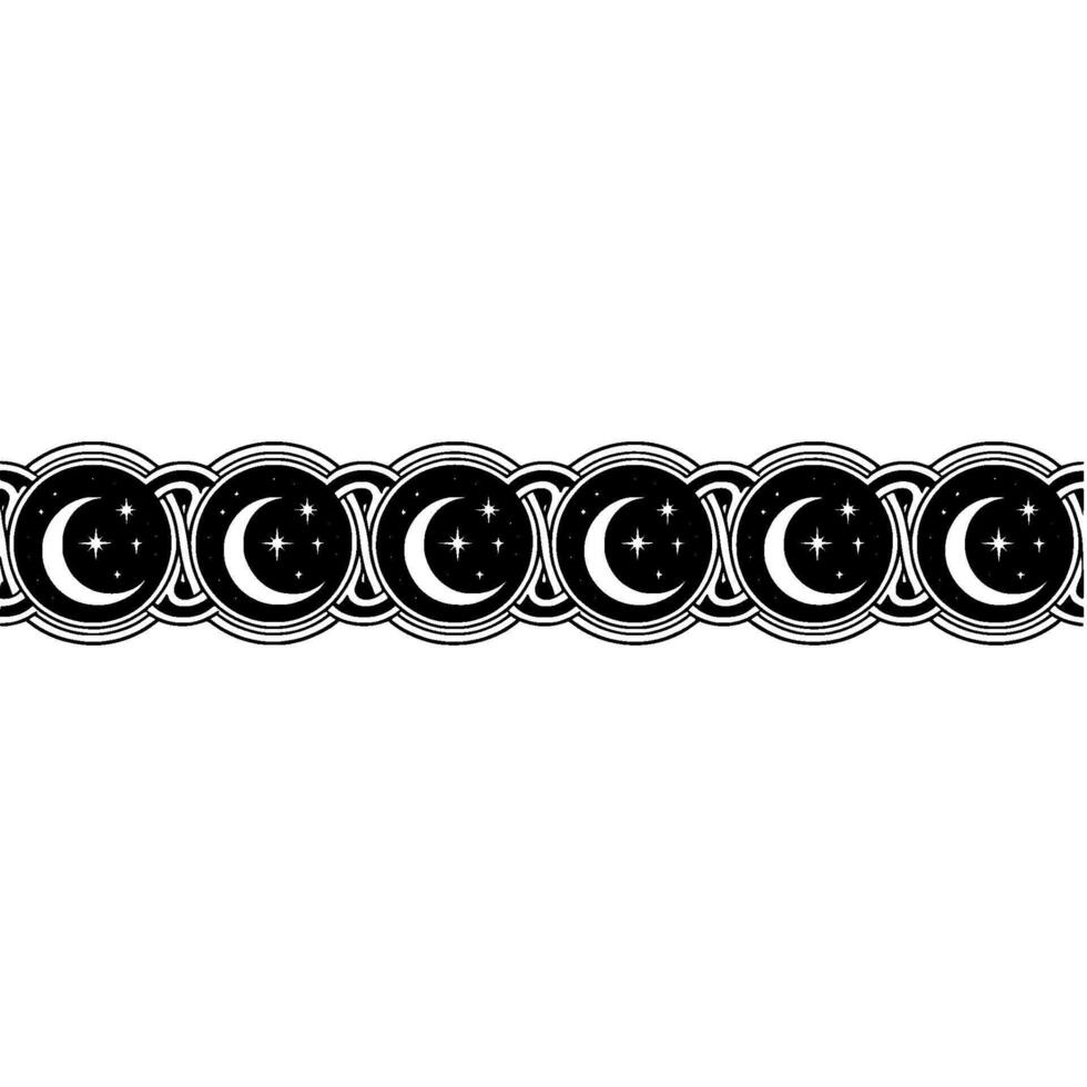 Elegant Crescent Moon Star Pattern Border , Black White. vector