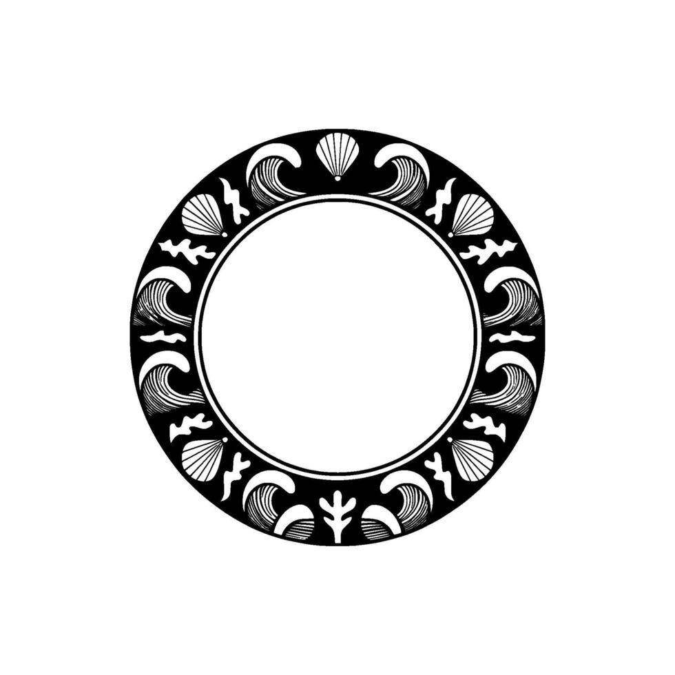 Elegant Circular Marine Frame Shells Waves, Minimalist Black White. vector