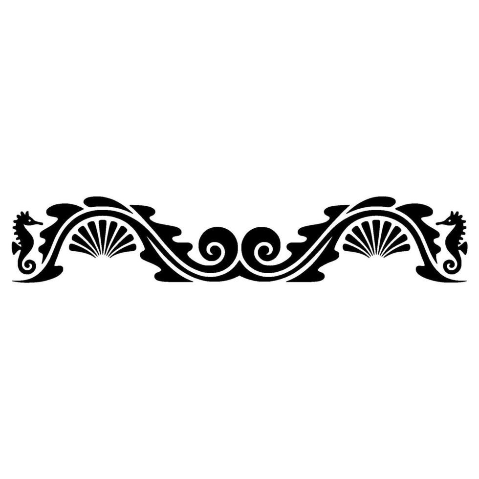Decorative Seahorse and Wave , Black Silhouette Border Element. vector