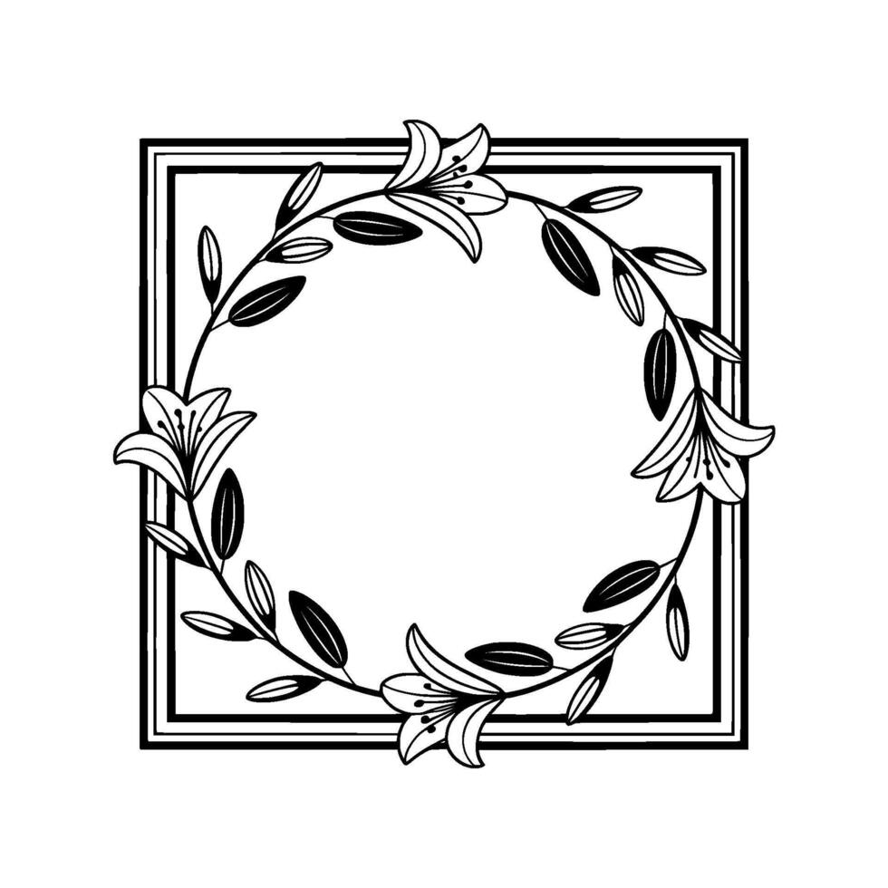 Elegant Lily Wreath Frame with Square Border in Black and White. vector