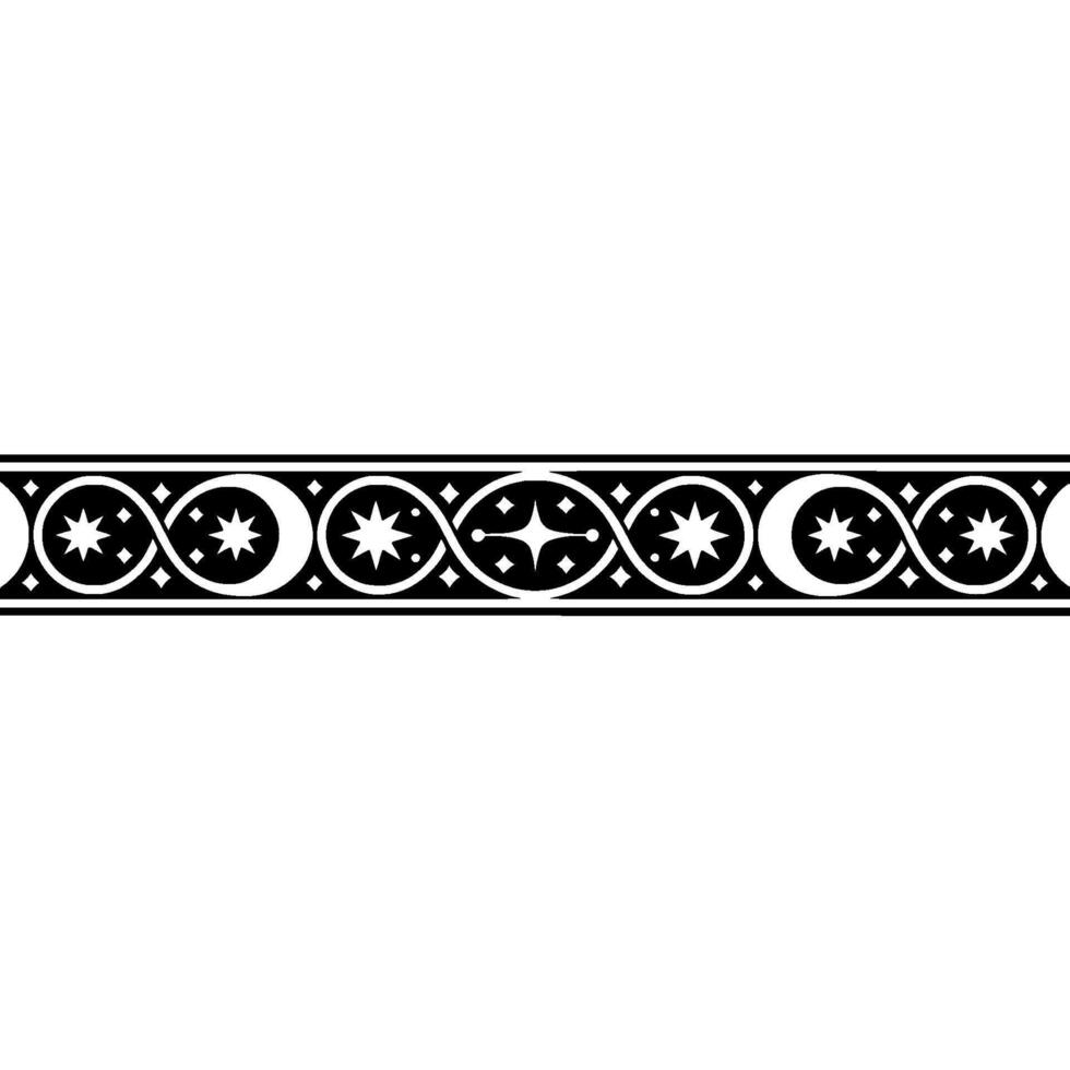 Celestial Border Stars, Crescent Moons, and Ornate Black on White. vector