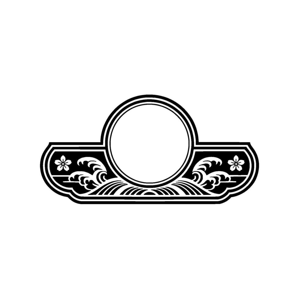 Elegant Japanese-inspired Badge - Black and White, Blank Circle, Decorative Waves. vector