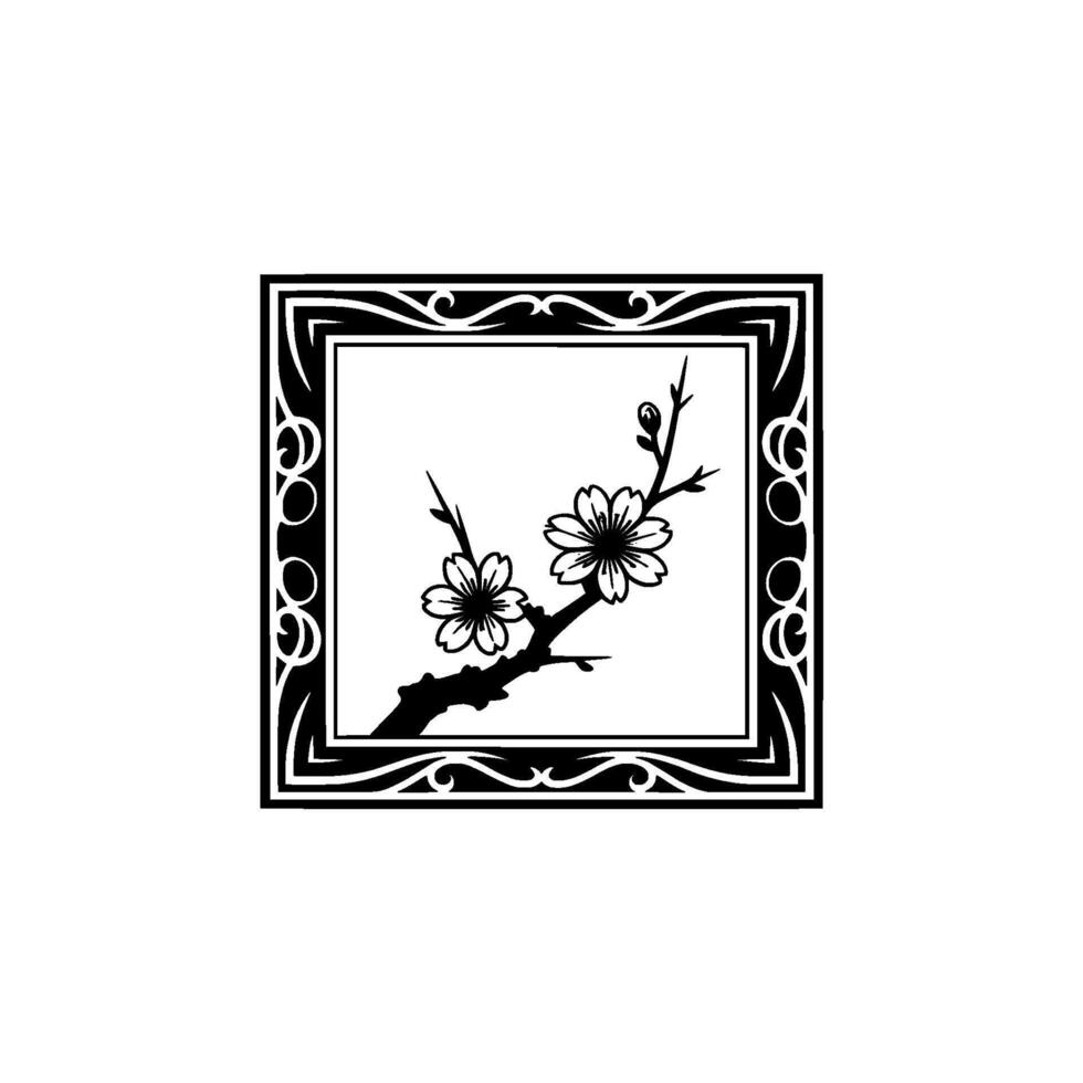 Elegant Cherry Blossom Branch within Decorative Frame, Minimalist Floral. vector