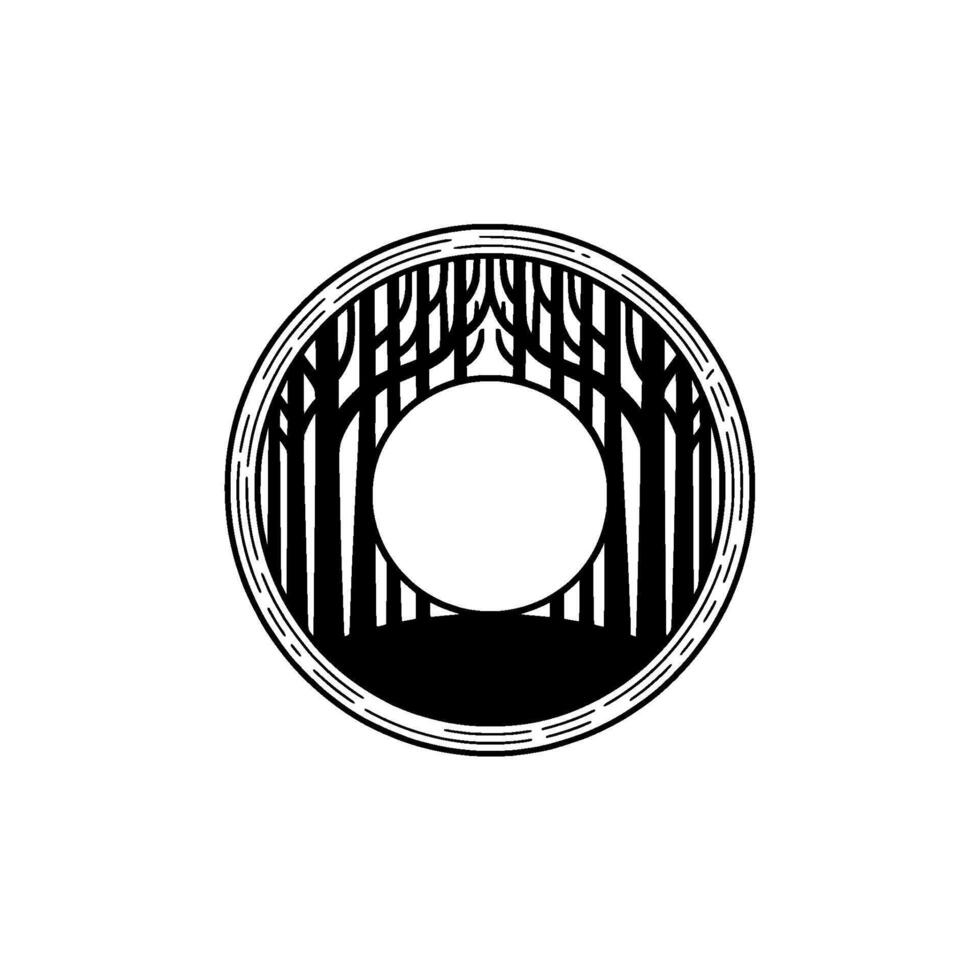 Elegant Forest Circle Emblem, Black and White , Minimalist Aesthetic. vector