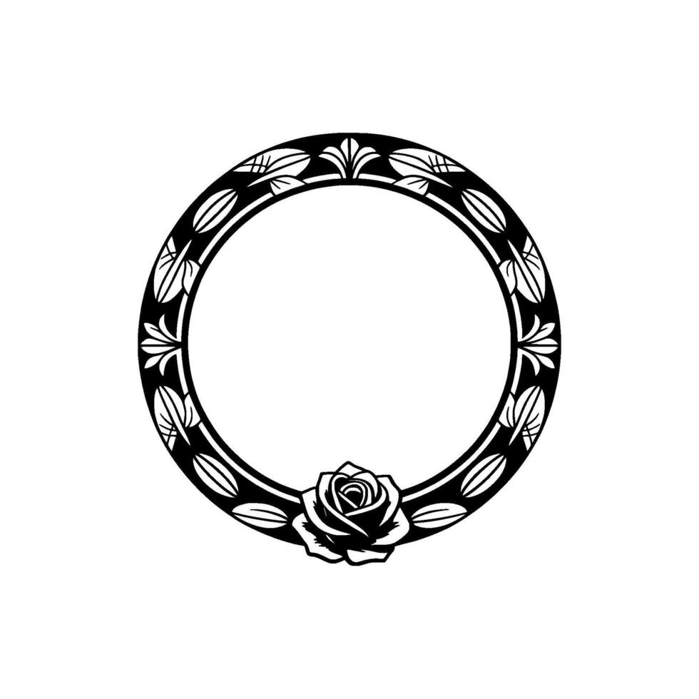Elegant Floral Frame Black White Circular with Rose. vector