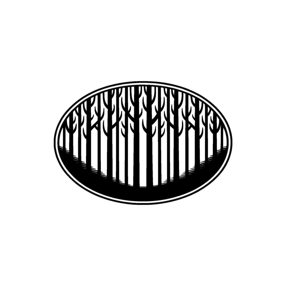 Minimalist Forest in Oval Frame, Black White. vector