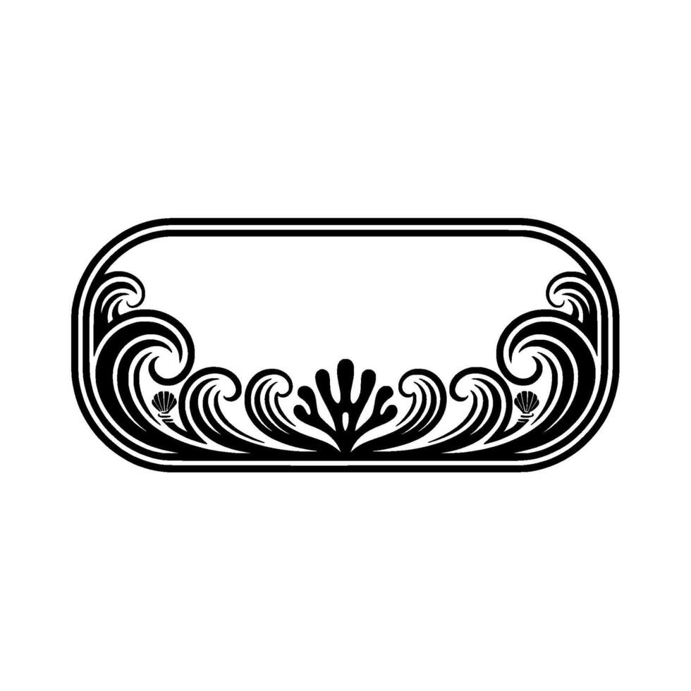 Elegant Black White Marine Frame - Sea Waves Shells. vector