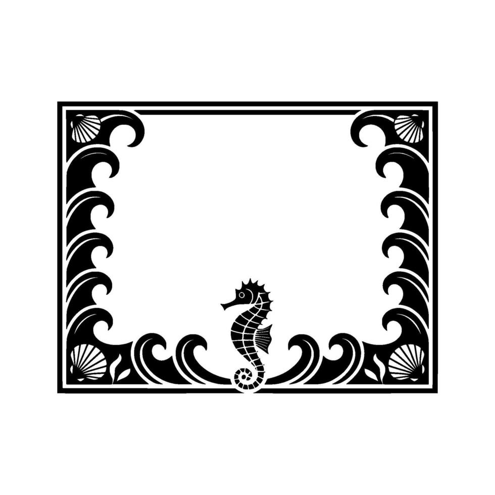 Decorative Seahorse Frame, Black and White, Coastal. vector