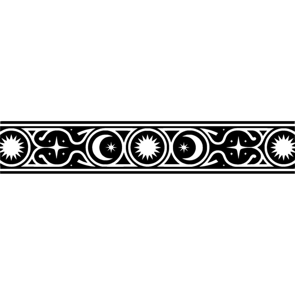 Celestial Border Stars, Moons, and Ornate Pattern on White Background. vector