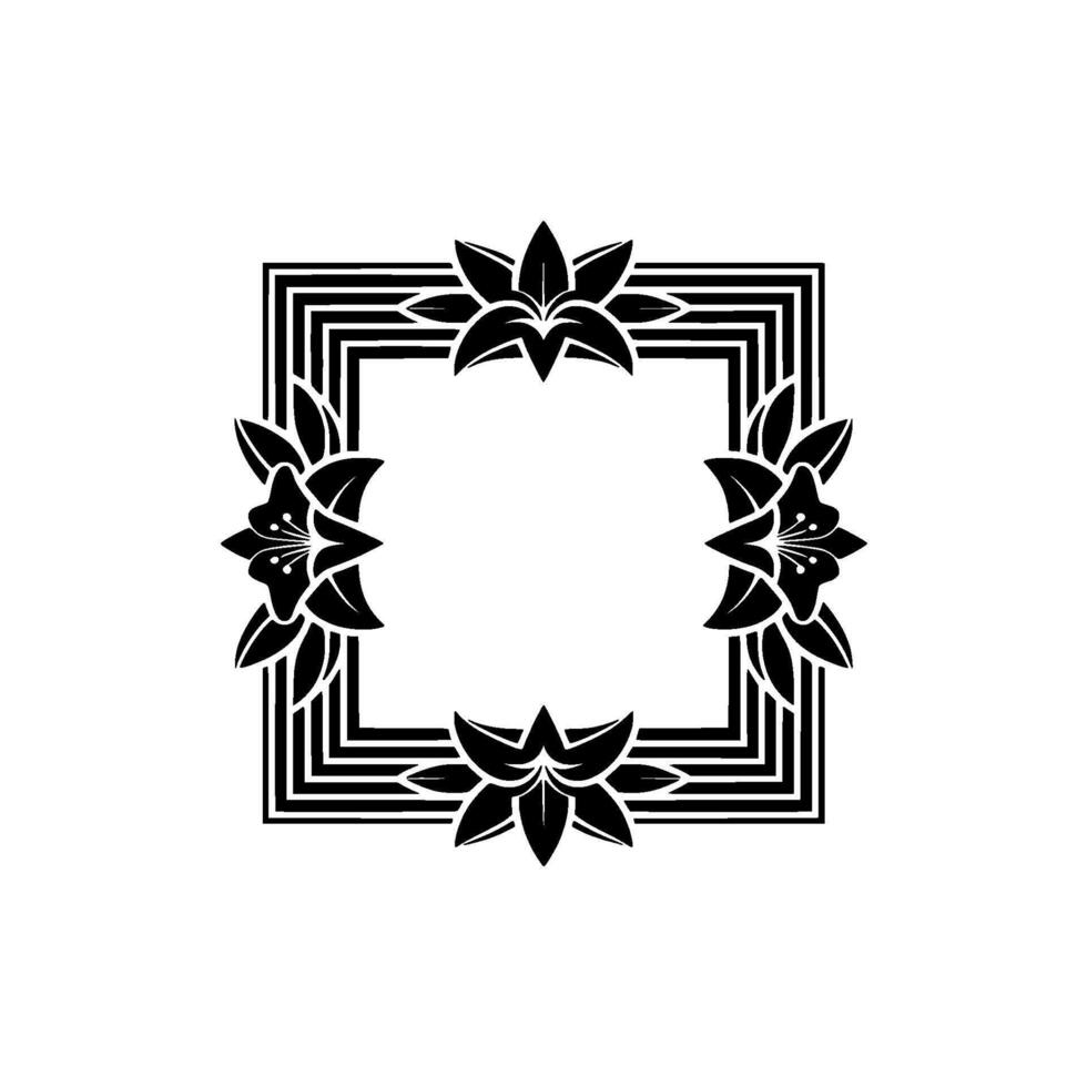 Floral Frame with Geometric Border, Black and White, Elegant. vector