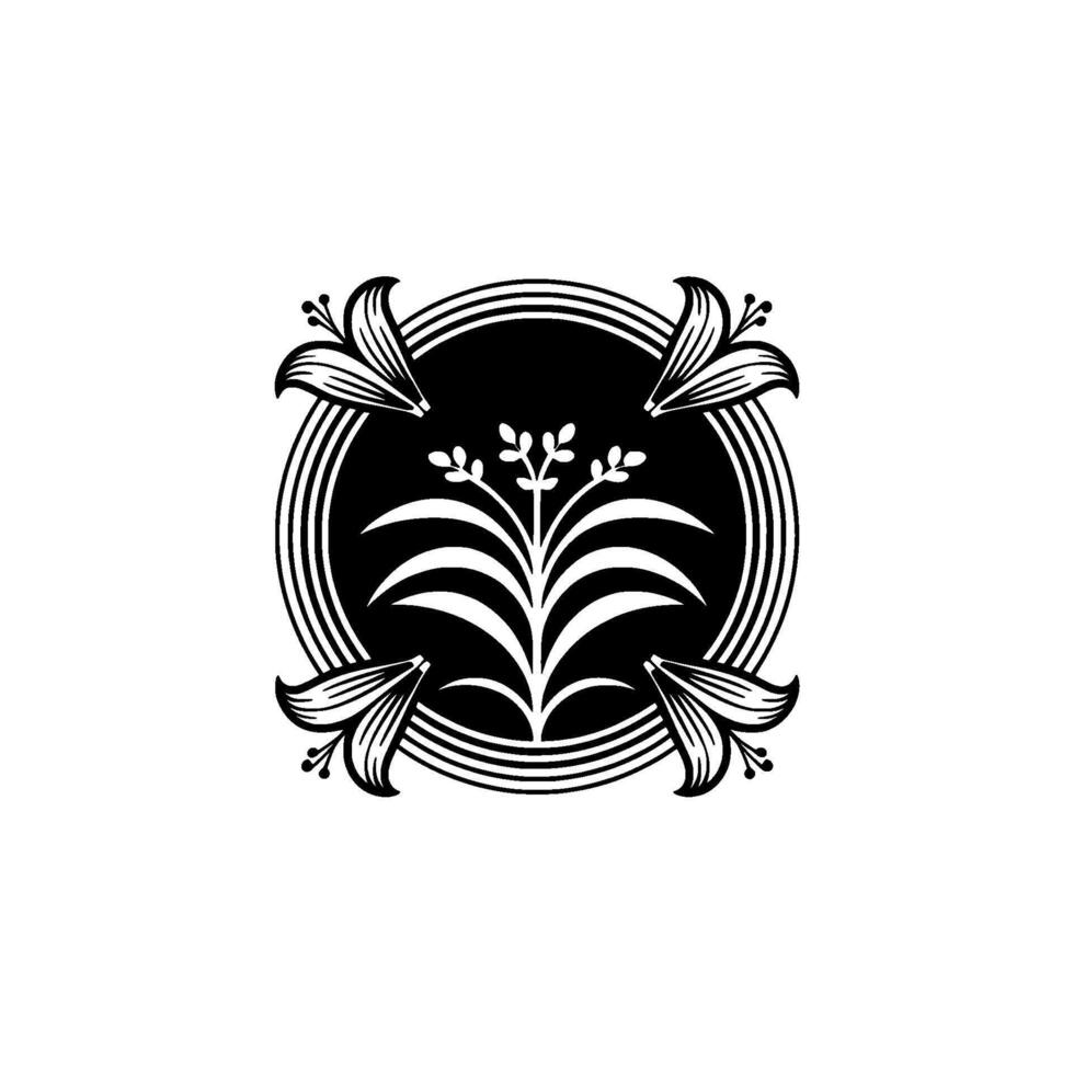 Elegant Art Deco Floral Emblem in Black White. vector