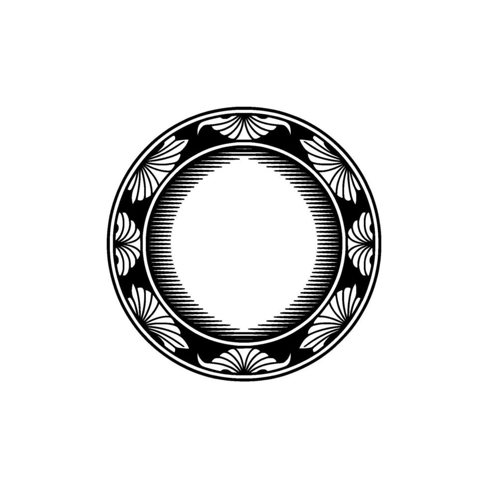 Elegant Black White Circular Decorative Frame, Engraving Style. vector