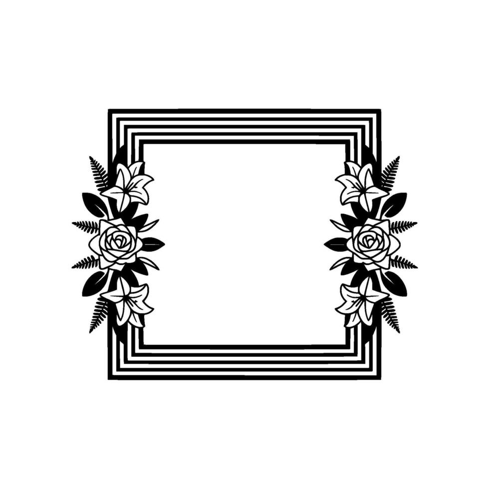 Floral Frame Black White Elegant Border with Roses Lilies. vector