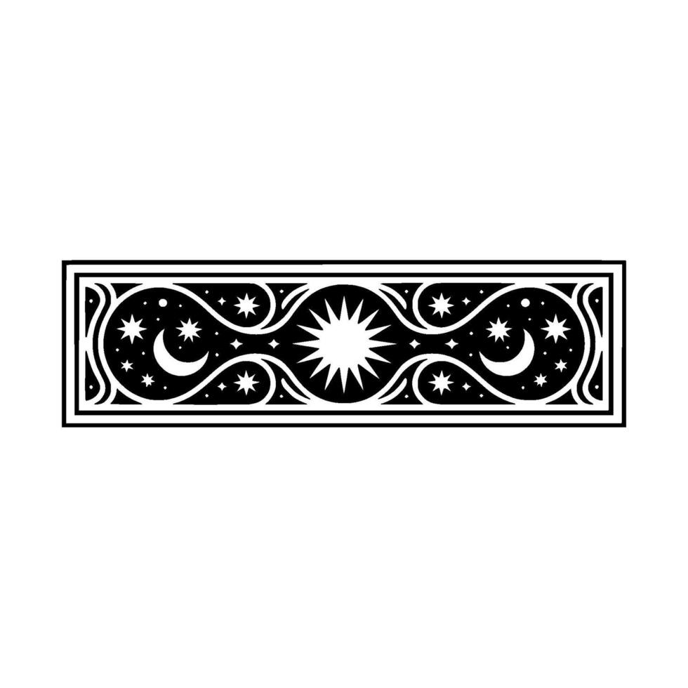 Celestial Border Illustration, Sun, Moon, Stars, Art Deco Style. vector