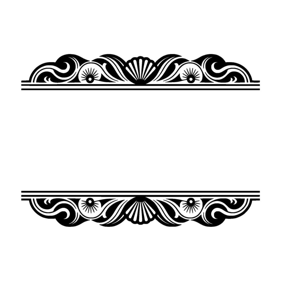 Elegant Black White Decorative Frame with Seashells and Swirls. vector