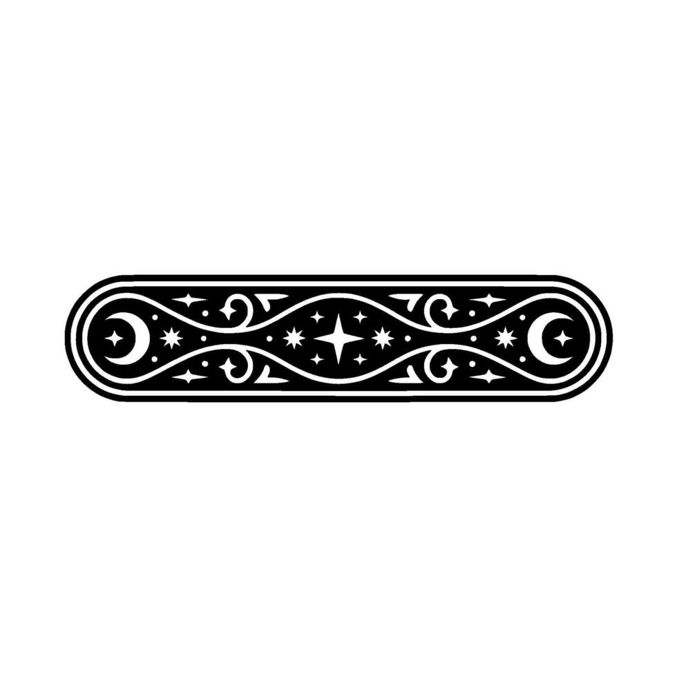 Celestial Border Crescent Moons, Stars Swirls in Black White. vector