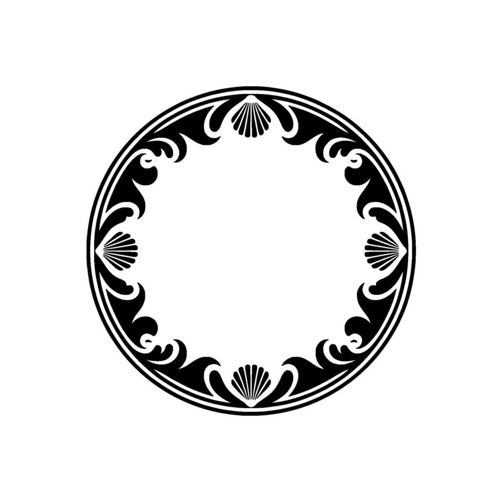 Elegant Circular Frame with Shell Floral Elements - Black and White. vector