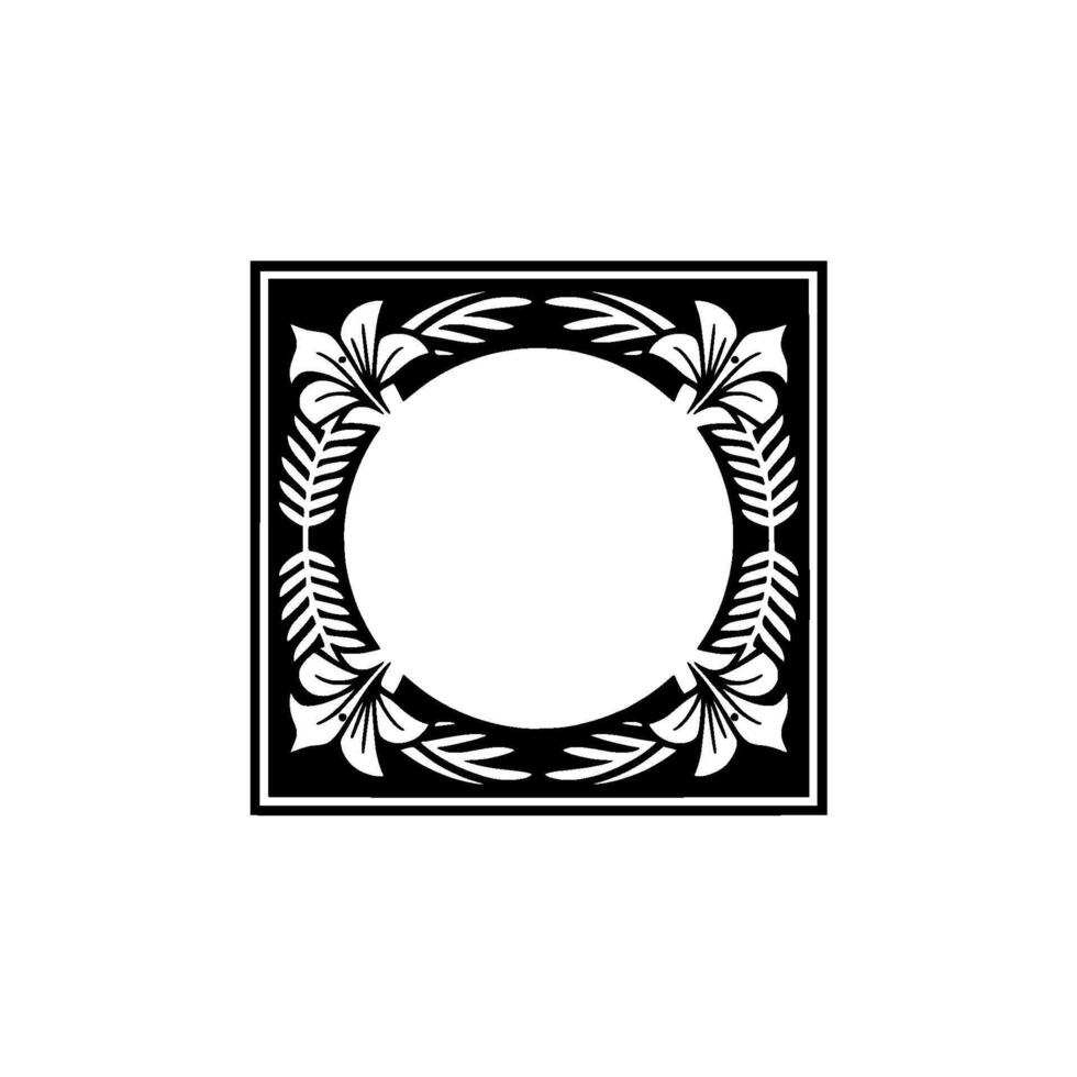 Elegant Floral Frame with Circular Center, Black White. vector