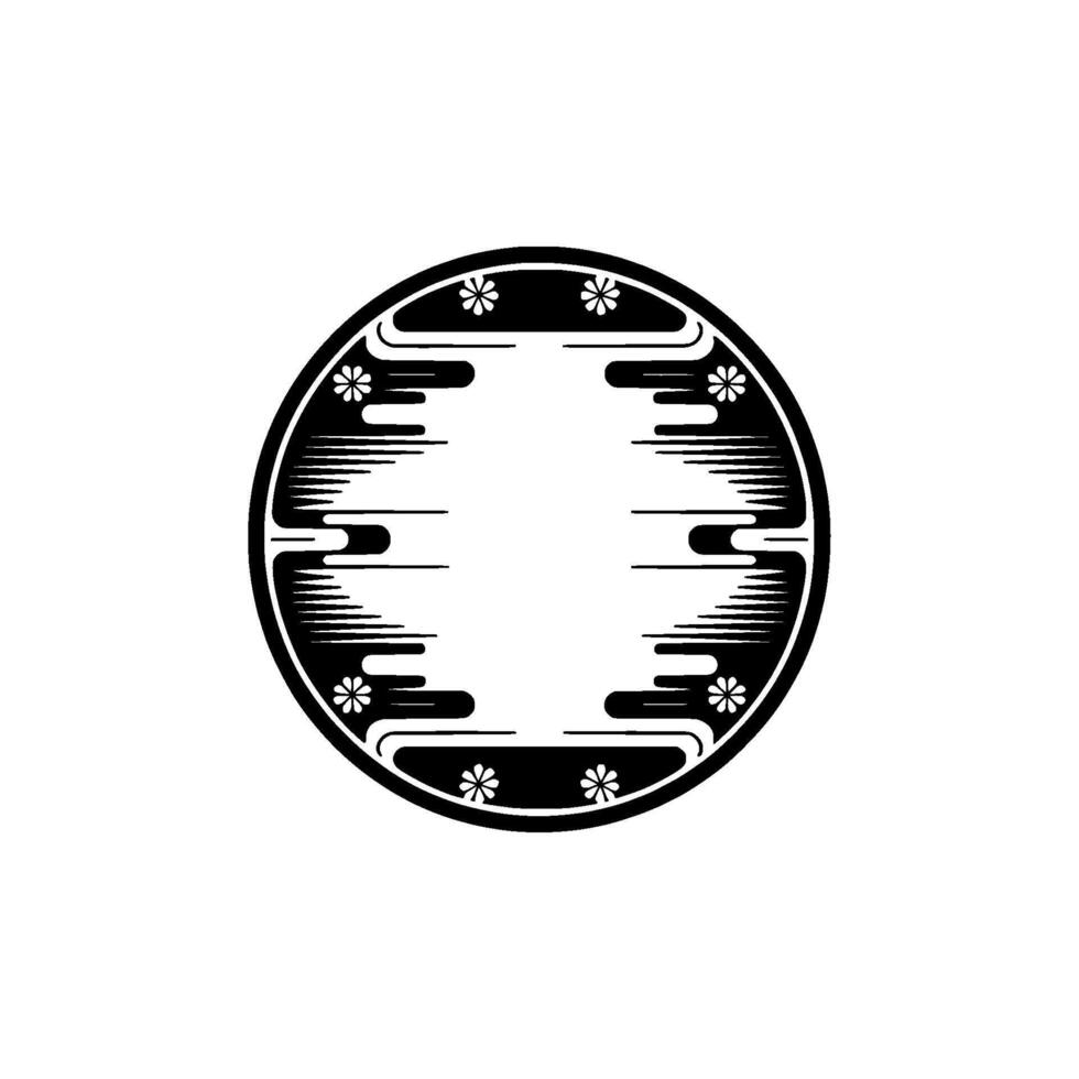 Elegant Japanese Floral Circle Black White. vector