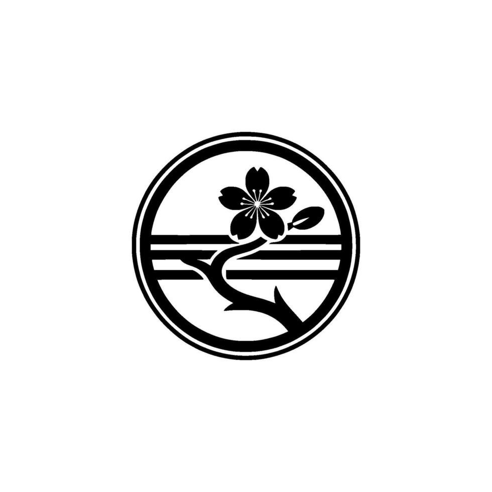 Minimalist Japanese Cherry Blossom Crest, Black White Circle. vector