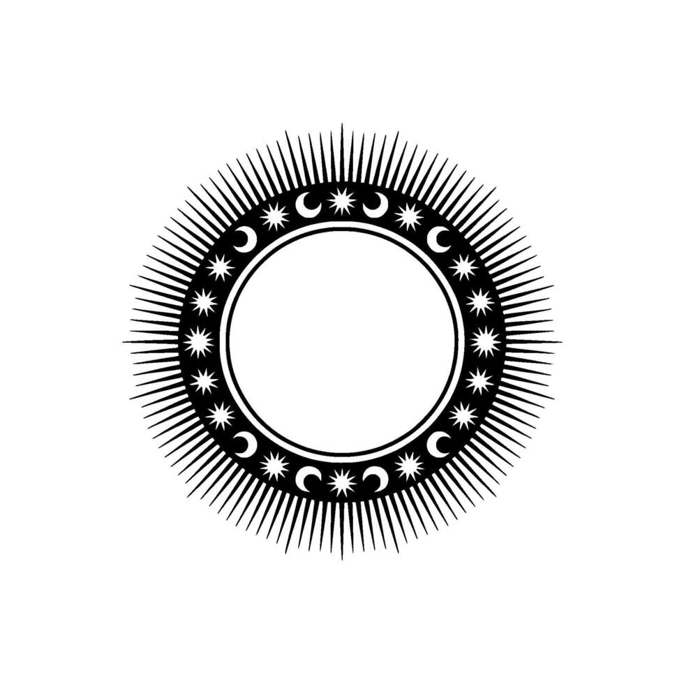 Celestial Sunburst Emblem in Black and White. vector