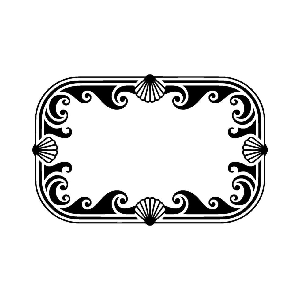 Elegant Nautical Frame, Seashell and Wave Decorative Border, Black White. vector