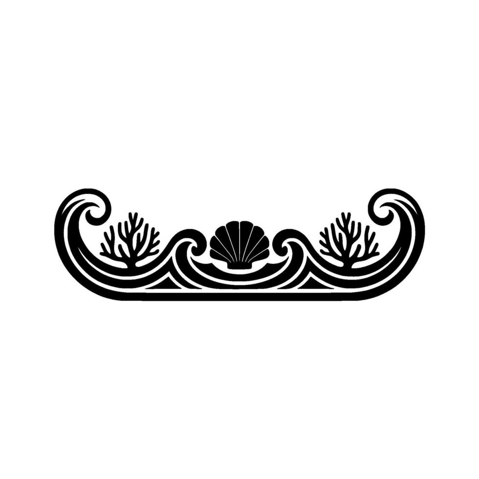 Minimalist Sea Border Seashells, Coral, Waves, Black on White. vector
