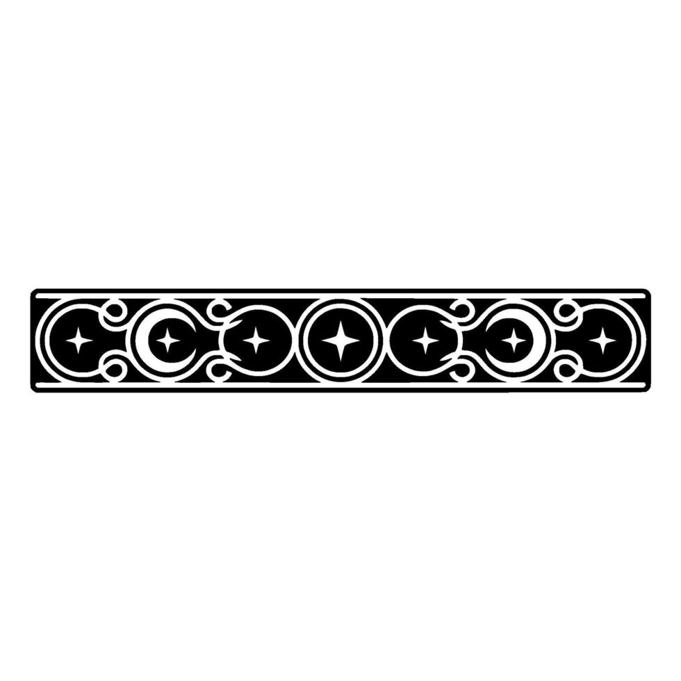 Ornate Geometric Border Stars, Moons, Curves, Black White. vector