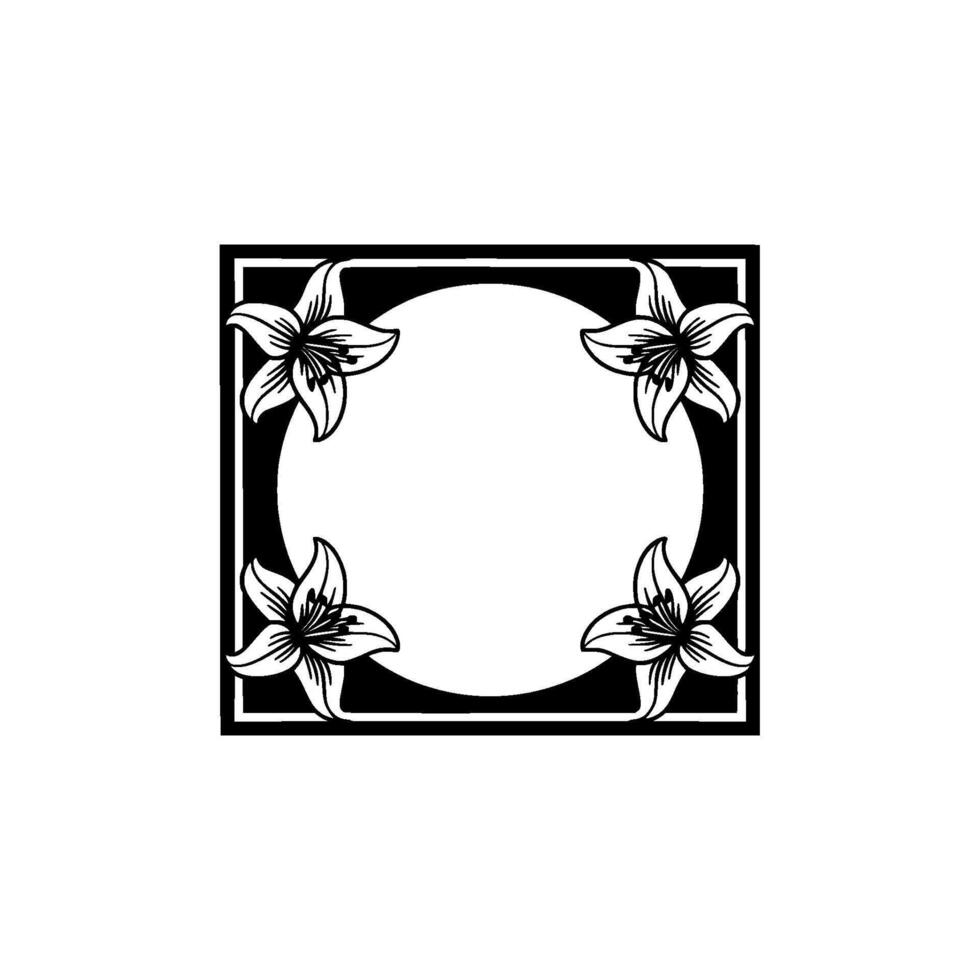 Elegant Floral Frame with Lily , Black and White, Minimalist. vector