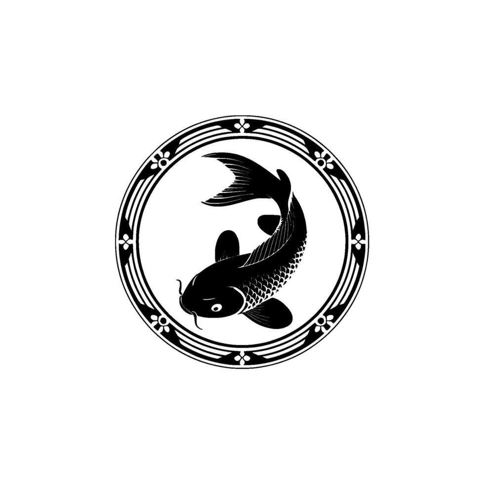 Elegant Black Koi Fish in a Decorative Circle, Minimalist. vector
