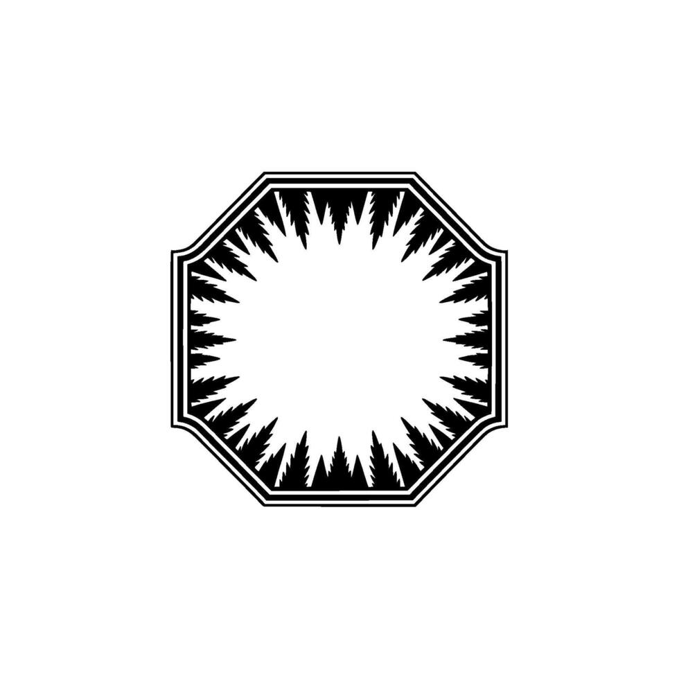 Black White Octagonal Frame with Pine Leaf Border on Neutral Background. vector