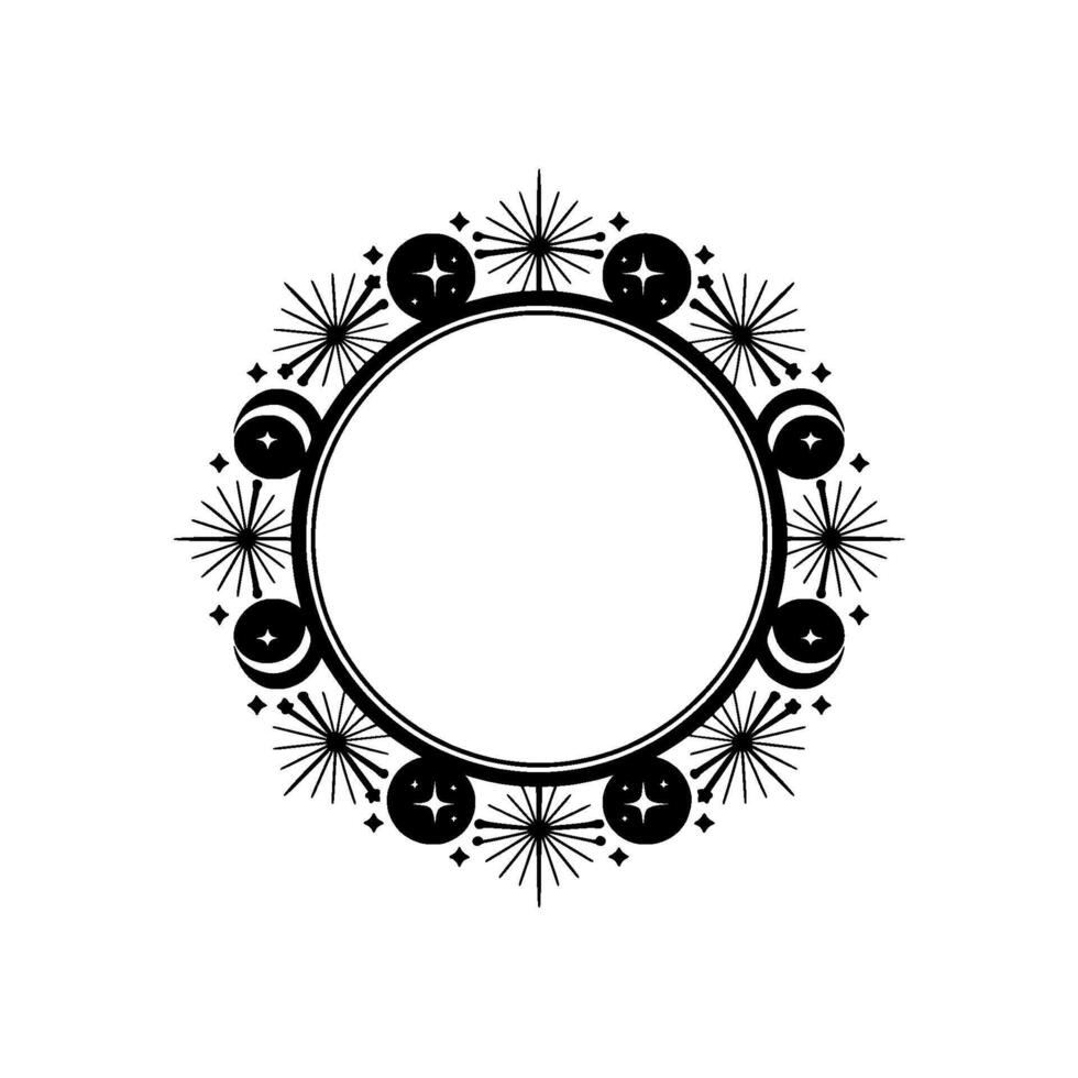 Celestial Circle Frame Black White Starburst. vector